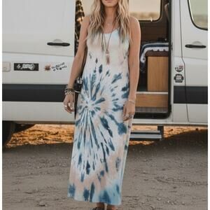 OURS Women's Bohemian Maxi Dress Flowy Loose Blue White Beige Tie Dye Size XL